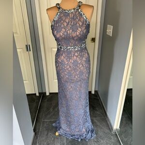 City Studio Steel Blue Lace Overlay Rhinestone Beaded Formal Prom Dress